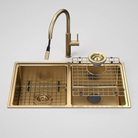 Urbane II Double Bowl Sink with Liano II Pull Out Sink Mixer - Brushed Brass